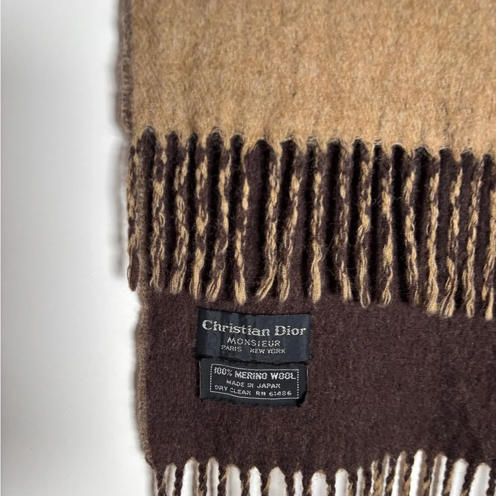 Vintage Dior Merino Wool Scarf Brown Neutral Fringe Designer